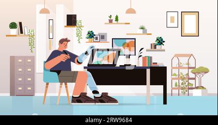 Behinderter-Mann-Grafikdesigner mit ersetztem Roboterbein und -Arm-Mann, der an einem Notebook arbeitet, Konzept für Menschen mit Behinderungen Stock Vektor