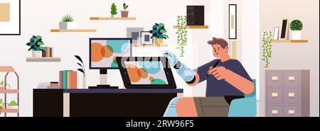 Behinderter-Mann-Grafikdesigner mit ersetztem Roboterbein und -Arm-Mann, der an einem Notebook arbeitet, Konzept für Menschen mit Behinderungen Stock Vektor