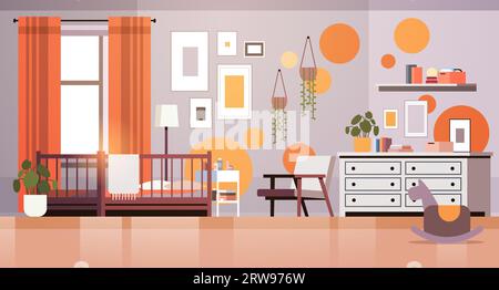 Die Innenausstattung des Kinderzimmers ist leer, das Kinderzimmer mit dem Holzkrippe ist horizontal Stock Vektor