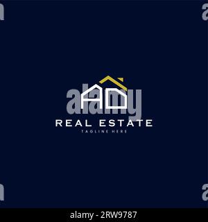 Modernes Immobilienlogo mit AD-Buchstaben in linearem Stil mit schlichtem Dachgebäude in Blau Stock Vektor