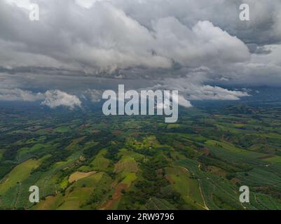 Reisfelder mit Bananenplantage, Blick von oben. Wolken über dem Ackerland der Berge. Mindanao, Philippinen. Stockfoto