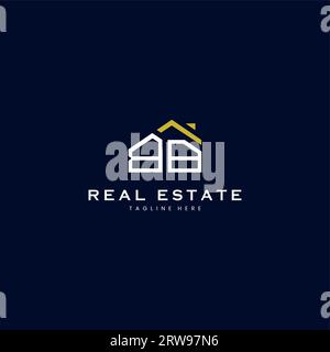 Modernes BB Letter Immobilien-Logo in linearem Stil mit schlichtem Dachgebäude in Blau Stock Vektor