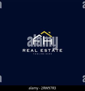 Modernes Immobilienlogo mit FH-Buchstaben in linearem Stil mit schlichtem Dachgebäude in Blau Stock Vektor