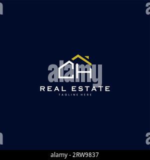 Modernes CH Letter Immobilien-Logo in linearem Stil mit schlichtem Dachgebäude in Blau Stock Vektor