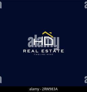 Modernes Immobilienlogo mit HD-Buchstaben in linearem Stil und schlichtem Dachgebäude in Blau Stock Vektor