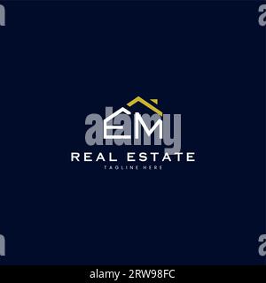 Modernes EM-Logo für Immobilien im linearen Stil mit schlichtem Dachgebäude in Blau Stock Vektor