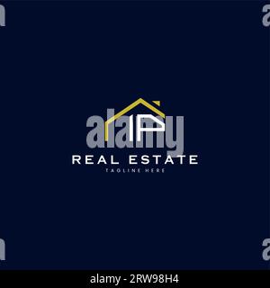 Modernes IP Letter Immobilien-Logo in linearem Stil mit schlichtem Dachgebäude in Blau Stock Vektor