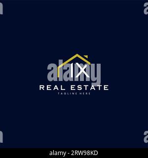 Modernes Immobilienlogo mit IX Buchstaben in linearem Stil mit schlichtem Dachgebäude in Blau Stock Vektor