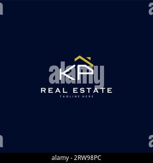 Modernes Immobilienlogo mit KP-Buchstaben in linearem Stil mit schlichtem Dachgebäude in Blau Stock Vektor