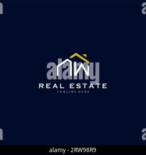 Modernes NW Letter Immobilien-Logo in linearem Stil mit schlichtem Dachgebäude in Blau Stock Vektor