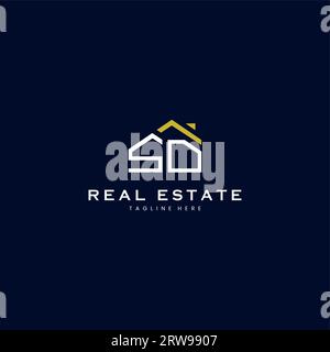 Modernes SD Letter Immobilien-Logo in linearem Stil mit schlichtem Dachgebäude in Blau Stock Vektor