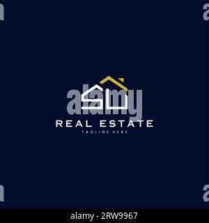 Modernes Immobilienlogo mit SU-Buchstaben in linearem Stil mit schlichtem Dachgebäude in Blau Stock Vektor