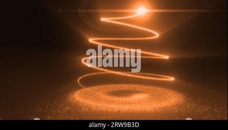 Abstrakte gelb-orange fliegende Punktelinie und leuchtende Partikel energetischer magischer, heller Spiralen in Form eines Weihnachtsbaumes zum Neujahr. Stockfoto