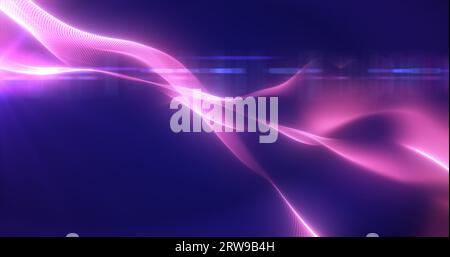 Violette leuchtende magische Wellen aus abstraktem Hintergrund von Energieteilchen. Stockfoto