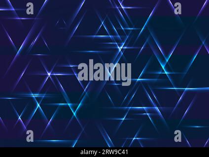 Bunte blaue und violette Neon-Dreiecke. Leuchtende abstrakte geometrische Komposition. Moderne Technologie, leuchtender verschwommener Hintergrund. Vektordesign Stock Vektor