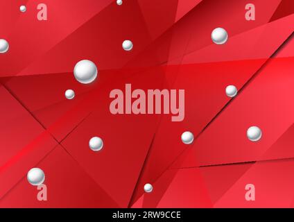 Helles rotes, flaches Poly-Grafikdesign mit kreisförmigen Perlen. Geometrische glänzende 3D-Kugeln. Abstrakter polygonaler technischer Hintergrund. Vektorillustration Stock Vektor