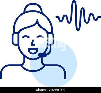 Frau in Kopfhörern, die mit einer Schallwelle spricht und ihre Rede visualisiert. Symbol „Pixel Perfect“ Stock Vektor