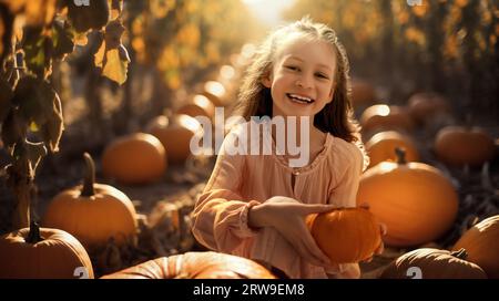 Glückliches Kindermädchen mit orangen Kürbissen auf dem Feld draußen. Stockfoto