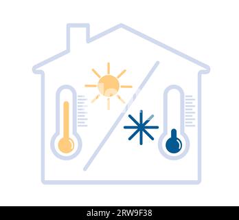 Klimaanlage und komfortable Temperatur im Haus. Haushaltsthermometer. Winterkälte. Sommerhitze. Wohnraumlüftung. Symbole für Sonne oder Schneeflocke Stock Vektor