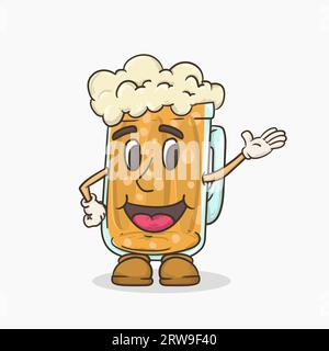 Bierglas mit Gesichts-Maskottchen-Begrüßung und winkender Hand-Vektor-Illustration Stock Vektor