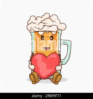 Bierglas mit kawaii niedlichem Gesichtsmaskottchen, das Liebesherz-Form für valentinstag-Vektor-Illustration hält Stock Vektor