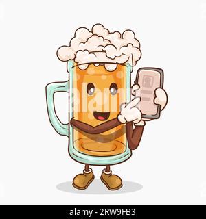 Bierglas mit kawaii niedlichem Gesichtsmaskottchen, das Smartphone hält und Apps-Vektorillustration zeigt Stock Vektor