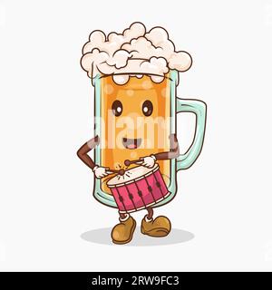 Bierglas mit kawaii niedlichem Gesicht Maskottchen spielt Trommel Marzingband Vektor Illustration Stock Vektor