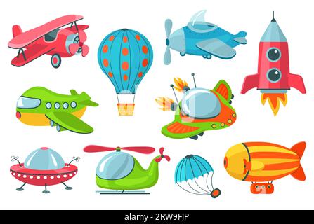 Kinder Lufttransport. Niedliche, kindliche Fahrzeuge. Fliegende Spielzeuge. Hubschrauber und Rakete. Luftballonflug. UFO und Luftschiffe. Kinderflugzeuge. Cartoon Stock Vektor