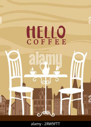 Poster Herbstcafé, Herbststimmung. Hallo Kaffeetasse, Stuhl, Tisch, Wasserkocher Stock Vektor