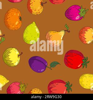 Buntes, nahtloses Muster für leuchtende Früchte. Handzeichnen von Skizzenfrüchten Stock Vektor