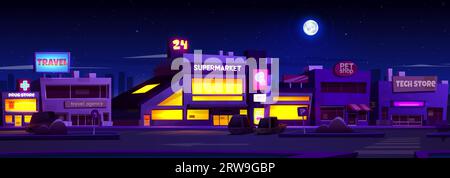 Parkplatz im Einkaufszentrum oder Supermarkt in der Nacht - beleuchtete Geschäfte und Apotheken Fenster und Autos parken in der Nähe. Abendliche Stadtlandschaft mit Comic-Vektor und Eingang zum Einkaufszentrum oder Megastore. Stock Vektor