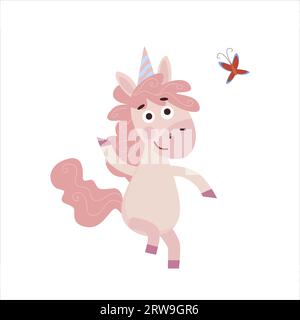 Lustiges Zeichentrickkind Unicorn. Glücklicher Einhorncharakter, der mit Schmetterling spielt Stock Vektor