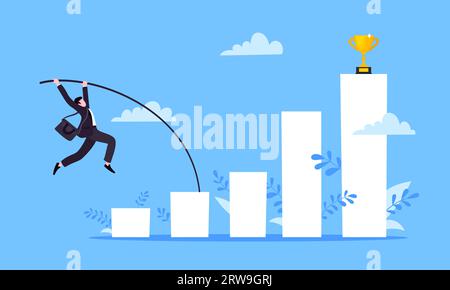 Geschäftsmann springt Stabhochsprung über Diagrammbalken flache Design Vektor-Illustration Stock Vektor