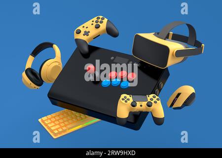 Spielerausrüstung wie Maus, Mikrofon, Joystick, Kopfhörer, Vintage-Arcade-Stick und VR-Brille auf blauem Hintergrund. 3D-Rendering von Zubehör für Stockfoto