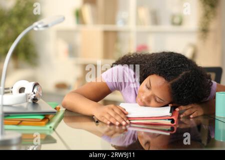 Müder schwarzer Student schläft über Notizen, während er zu Hause studiert Stockfoto