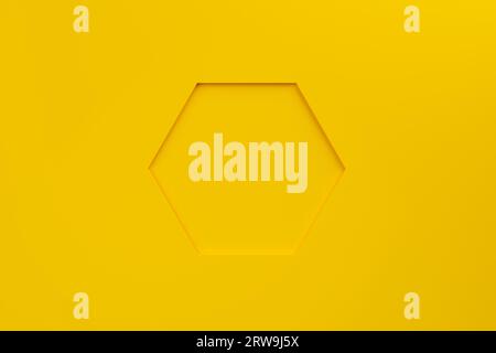 Gelbe Schablone mit Sechskantbohrung, geprägt auf gelbem Hintergrund mit Rändern. 3D-Rendering. Stockfoto