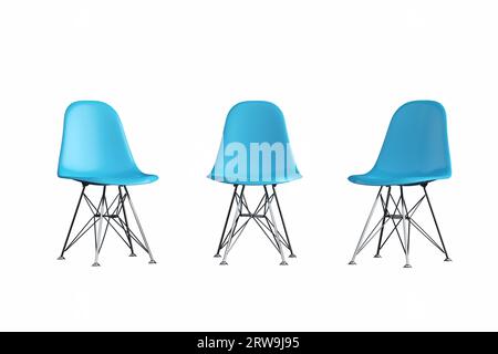 Moderner blauer Plastikstuhl mit Chrom- oder Metallbeinen mit unterschiedlichen Winkeln isoliert auf weißem Hintergrund. 3D-Rendering. Stockfoto
