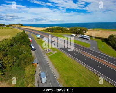 Luftaufnahme der Anglo Scottish ( England/Schottland) Grenze an der A1 bei Lamberton in Scottish Borders, Schottland, UK Stockfoto