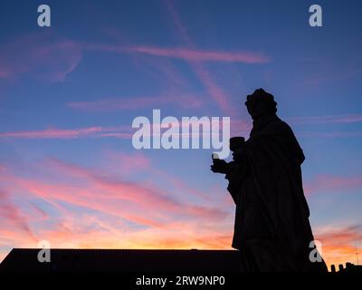 Silhouette im Sonnenuntergang, Statue von Kardinal Carolus Borromeo, italienischer heiliger, Karl, Alte Hauptbrücke, Skulptur, Würzburg, Unterfranken Stockfoto