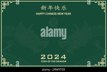 Glückliches chinesisches Neujahr 2024 Sternzeichen, Jahr des Drachen, mit gelbem Papierschnitt und Kunsthandwerk auf grünem Hintergrund (Chinesische Übersetzung Stock Vektor