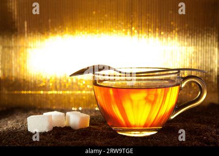 Teetasse auf getrockneten Blättern mit Löffel und Klumpenzucker auf glänzendem goldfarbenem Hintergrund Stockfoto