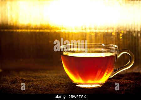 Tasse Tee auf getrockneten Blättern auf abstraktem, glänzendem goldenem Hintergrund Stockfoto