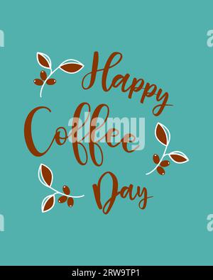 Kaffee-Tag-Schriftzug mit handgezeichnetem Kakaozweig. Poster mit blauem Hintergrund. Vektorillustration Stock Vektor