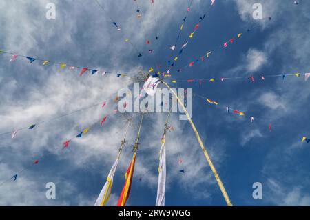 Bunte buddhistische Gebetsfahnen auf Pole in Pathivara Devi, Nepal Stockfoto