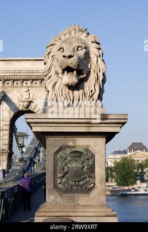 Skulptur des Wächters Löwe aus dem 19. Jahrhundert auf der Szechenyi-Kettenbrücke in Budapest, Ungarn Stockfoto