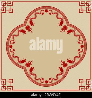 Chinesischer Rahmen mit orientalischen asiatischen Elementen auf farbigem Hintergrund, für Hochzeitseinladungskarte, Happy New Year, Happy Birthday, valentinstag, Gruß c Stock Vektor