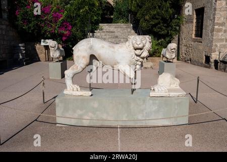 Löwenskulptur als Grabdekoration, Archäologisches Museum im ehemaligen Ordenskrankenhaus der Ritter von St. John, 15. Jahrhundert, Altstadt, Rhodos Stockfoto