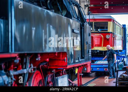 Bad Doberan, Deutschland. September 2023. Hinter einer Dampflokomotive der Kleinbahn Molli wird der Triebwagen T1 der Borkumer Kleinbahn von einem Tieflader entladen und die sogenannte Schweinsnout auf der Schmalspurbahn mit einer Spurweite von 900 mm platziert. Vom 21.09.2023 bis zum 01.10.2023 wird der 1940 im Waggonwerk Wismar gebaute Schienenbus auf dem Gleisnetz der Mecklenburgischen Bäderbahn Molli stehen. Quelle: Jens Büttner/dpa/Alamy Live News Stockfoto