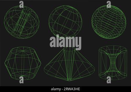 Drahtmodell-Retro-Formen, Geometriepunk auf schwarzem Hintergrund. Trendige psychedelische Vektorelemente für Design. Stock Vektor