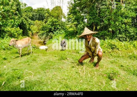 Srimongal, Bangladesh, circa July 2012: Old man with wrinkles on face and with grey beard holds wooden stick on his shoulder in Srimongal Stock Photo
